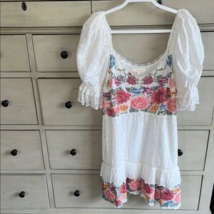 Love shack fancy Floral Embroidered White Dress with Puff Sleeves